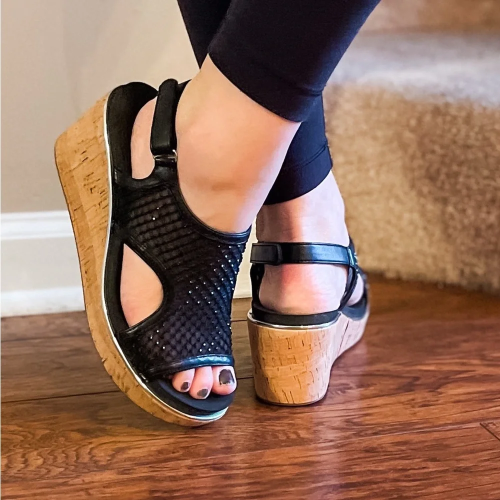 Corkys Black Mesh Cork Wedge Sandals